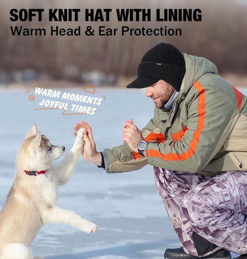 Wmcaps Winter Beanie with Brim and Ear Flaps, Fleece Lined Warm Knit Hat for Men Women Outdoor Thermal Stocking Cap Black