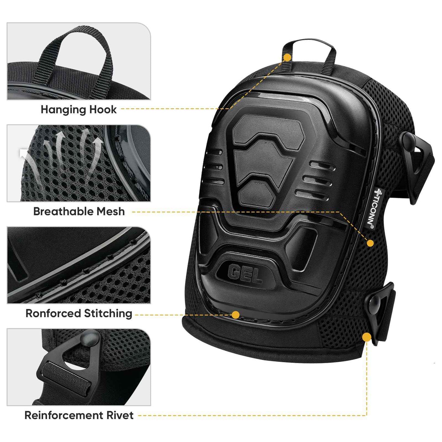 TICONN Gel Knee Pads for Work, Professional Heavy Duty Work Knee Pads for Men with Soft Foam and Gel Cushion for Men Construction, Garden, Flooring (Black)