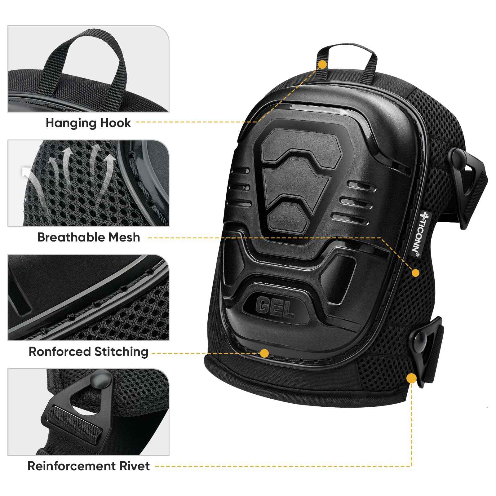 TICONN Gel Knee Pads for Work, Professional Heavy Duty Work Knee Pads for Men with Soft Foam and Gel Cushion for Men Construction, Garden, Flooring (Black)