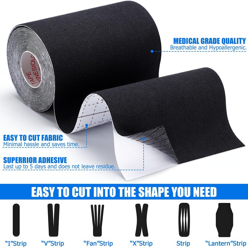 3 Pack Kinesiology Tape - Pro-Grade, Water Resistant & Breathable for Active Lifestyles, Latex-Free Cotton Elastic Tape for Muscle & Joint Support on Knee, Ankle, Shoulder, Wrist - Black 4in 5.5yd