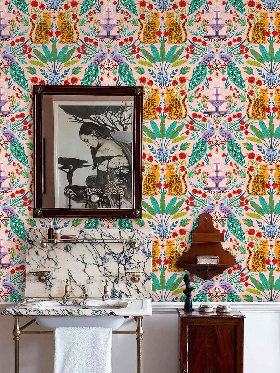 Luvdecor Wallpaper Peel and Stick Leopard Jungle Animal Wallpaper for Renter Removable Boho Leaf Wallpapers for Bathroom Self Adhesive Contact Paper for Cabinets 17.5 x 118 in