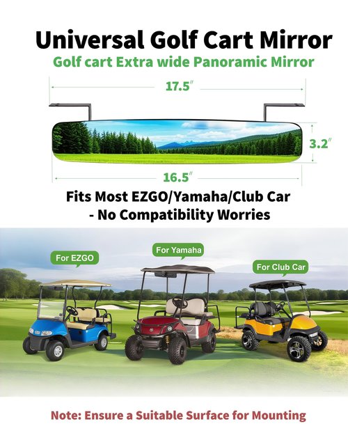 Golf Cart Rear View Mirror, 16.5" Universal Adjustable Rearview Mirror Extra Wide 180° Panoramic, Compatible with EZGO, Club Car, Yamaha for Enhanced Rear Visibility