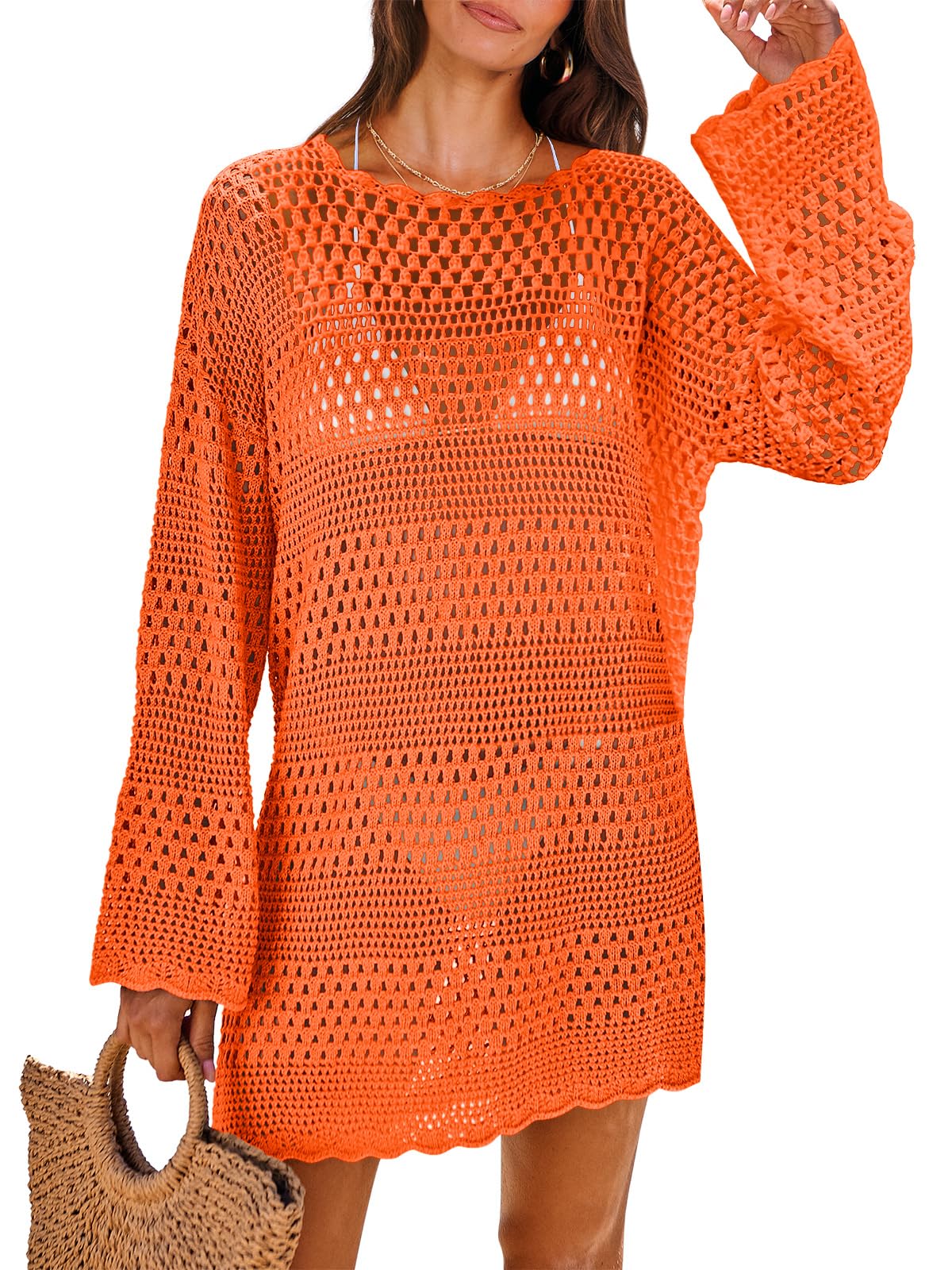ANRABESS Women Swimsuit Crochet Swim Cover Up 2026 Summer Bathing Suit Swimwear Mesh Knit Beach Dress Vacation Outfits Orange XX-Large