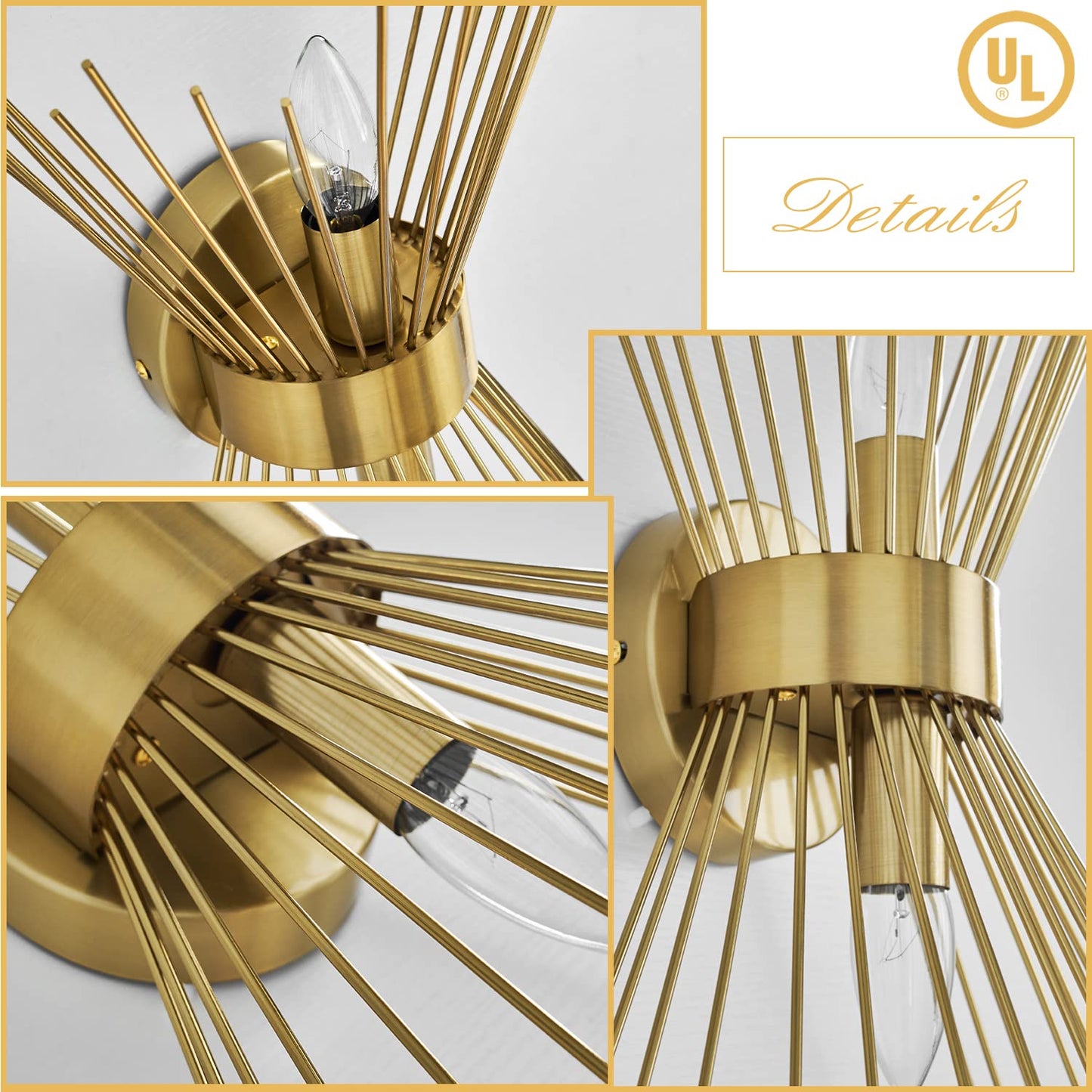 2-Light Bathroom Vanity Light, Mid-Century Modern Starburst Gold Wall Sconce, Bedside Electroplate Brass Wall Light Fixture, Wall Lamp for Powder Room Bedroom Bathroom Hallway Entryway, Set of Two