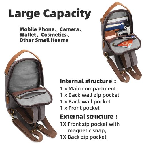 KL928 Canvas Sling Bag for Men Women, Casual Crossbody Backpack Travel Shoulder Daypacks Rucksack, Dark Grey