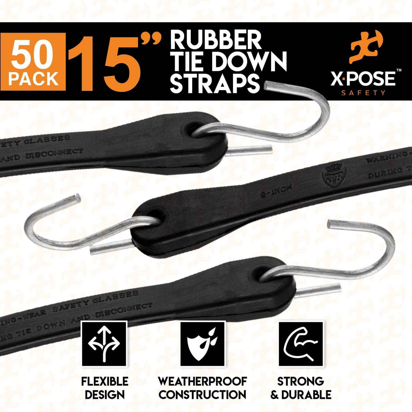 Rubber Bungee Cords with Hooks 50 Pack 15 Inch (23” Max Stretch) Heavy-Duty Black Tie Down Straps for Outdoor, Tarp Covers, Canvas Canopies, Motorcycle, and Cargo - by Xpose Safety