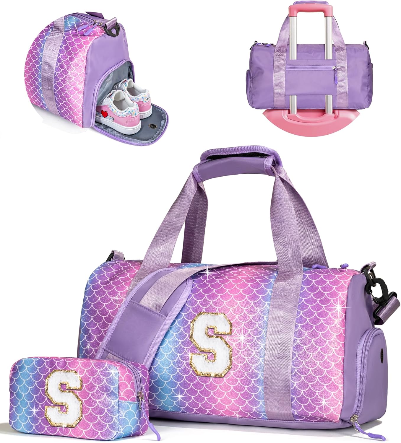 Skiennix Girls' Gym Bag - Stylish Weekender Tote with Shoe Compartment & Makeup Pouch | Initial 'S' for Ages 3-12