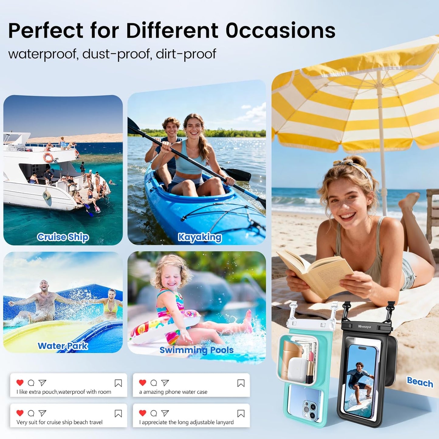 Niveaya 2 Pack IPX8 Waterproof Phone Pouch, Large Space Cell Phone Pouch Floating, Water Proof Phone Case with Lanyard, Phone Dry Bag Beach Cruise Ship Essentials(Up to 8.5")