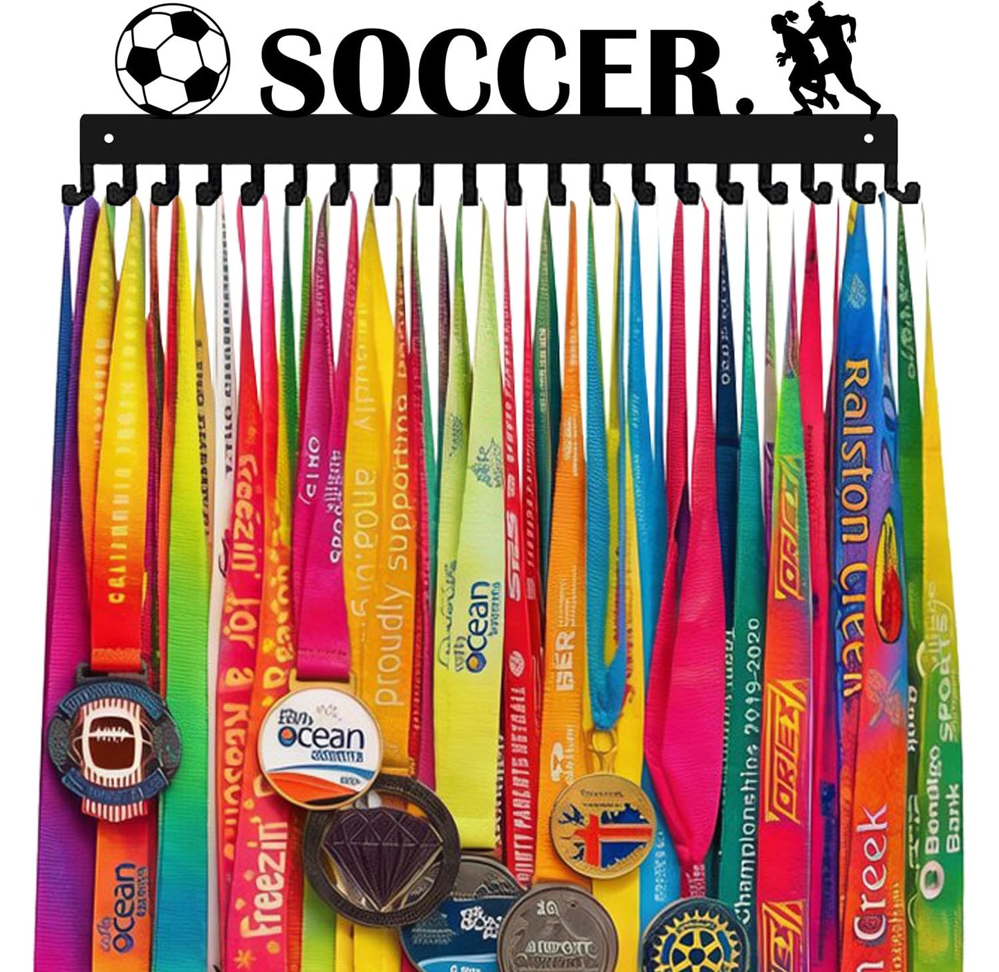 Lapetale Fashion Soccer Girl Medal Hanger Display for 63 Medals – She Believed She Could So She Did (16" Wide with 20 Hooks) - Black- Awesome Gifts-Patent NO.983560S