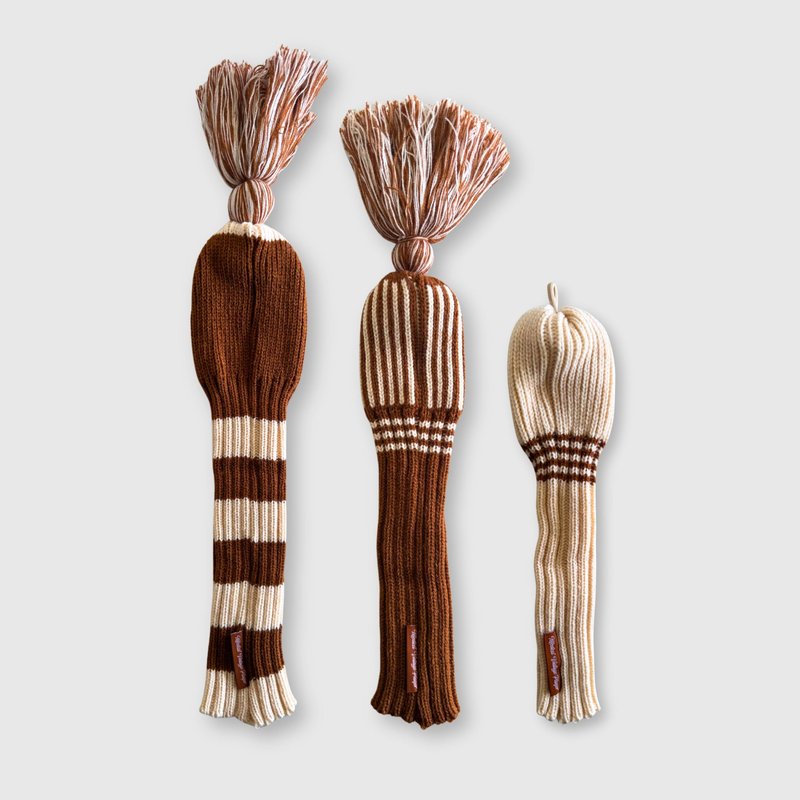 Wool Knit Golf Covers Set - Cream/Brown
