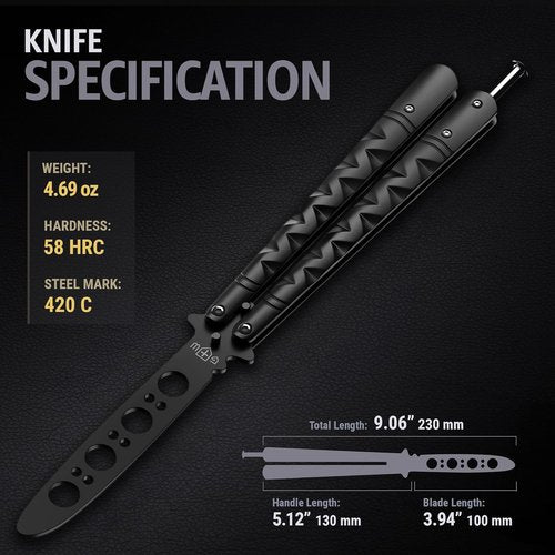 GOOD WORKER Butterfly Knife - Black Balisong Trainer with Sure Spring Latch | Full Stainless Steel Design