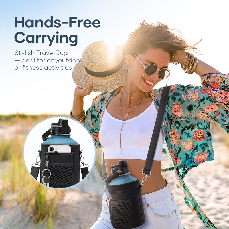 BUZIO Water Bottle Holder Carrying Pouch for Hydroflask 128oz Insulated Bottle- Carry Bag Sleeve with Phone Pocket and Adjustable Padded Shoulder Strap for Men Women Hiking Running Travelling