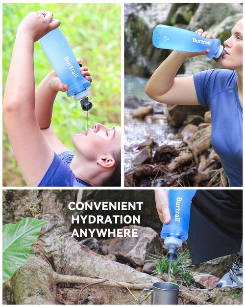 Burtrail 1.0L Collapsible Water Filter Bottle, BPA-Free Ultralight & Durable Squeeze Bottle with 42mm Filter Cap Cartridge, Filtered Water Bottle for Camping, Hiking, Backpacking, Survival & Travel