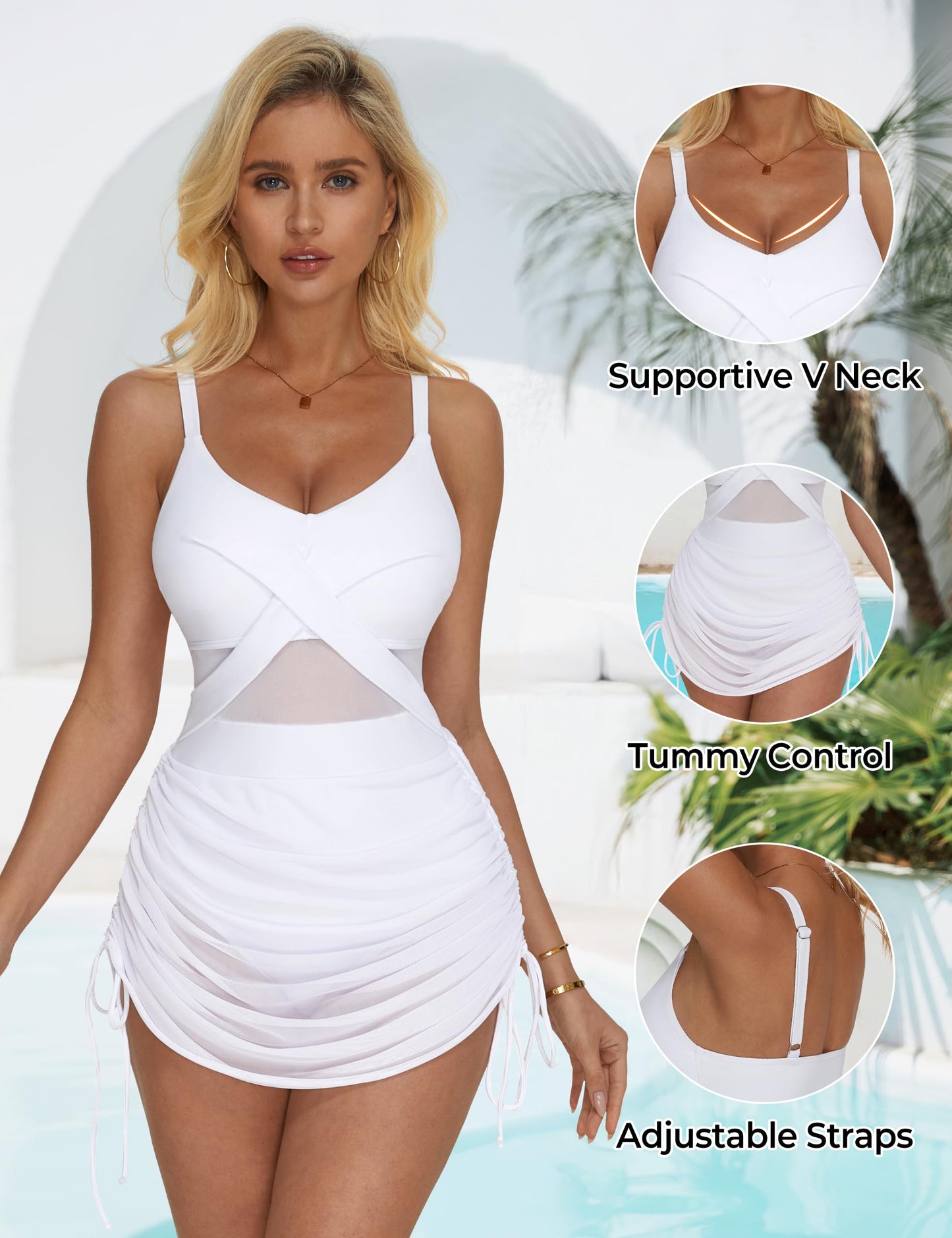 SUUKSESS Women One Piece Swim Dress Tummy Control Swimsuit Sexy Mesh High Waisted Bathing Suit Wrap Push Up Swimwear (White,L)