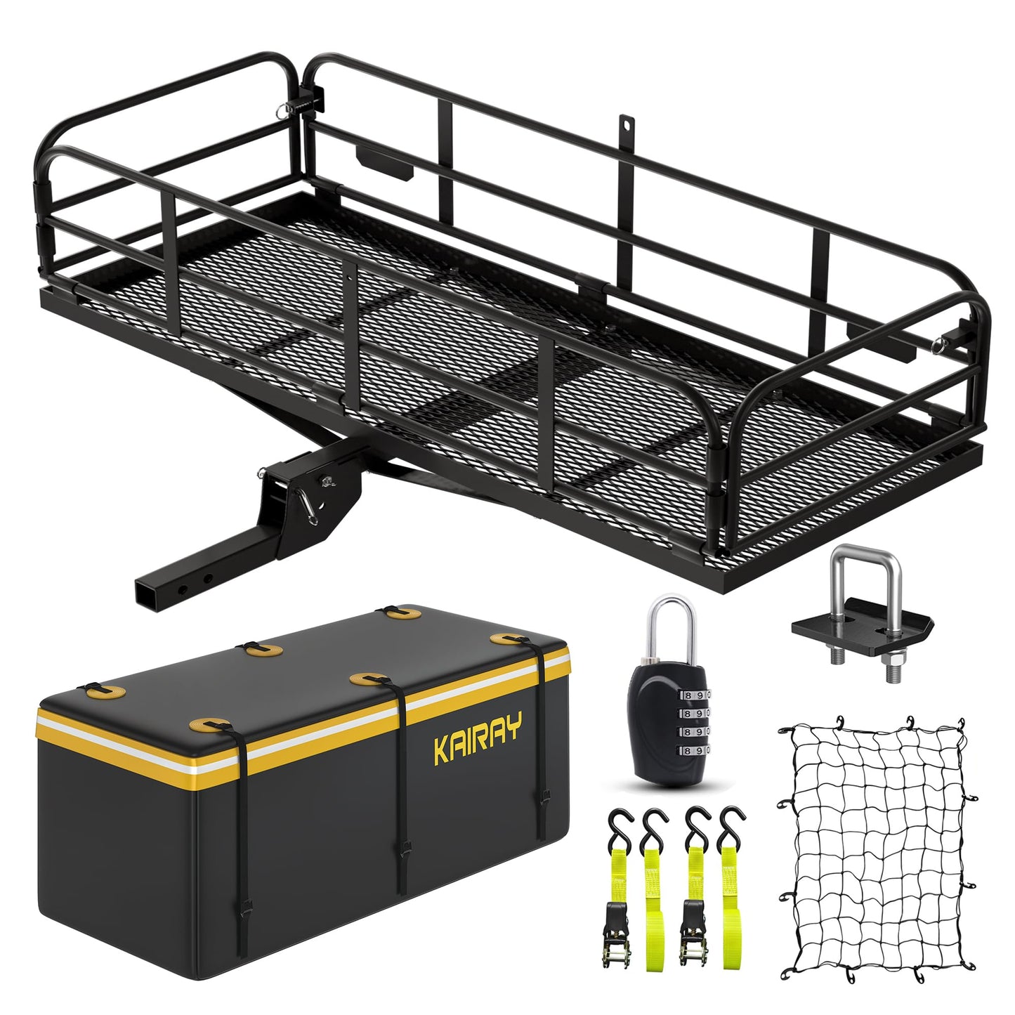 KAIRAY Heavy Duty Folding Hitch mount Cargo Carrier Load Capacity 500 Lbs 60" X 20" X 6" Trailer Fold up Luggage Basket with Stablizer Waterproof Bag Net Ratchet Straps Combination Lock for SUV Pickup