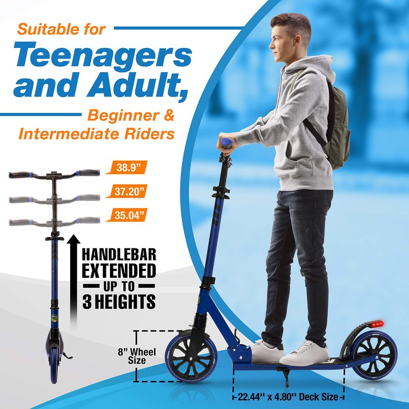 SereneLife Foldable Kick Scooter - Stand Kick Scooter for Teens & Adults with Rubber Grip at Tip, Alloy Deck, Adjustable T-Bar Handlebar Height, Smooth Gliding Wheels, Easy Maneuvering (Blue)