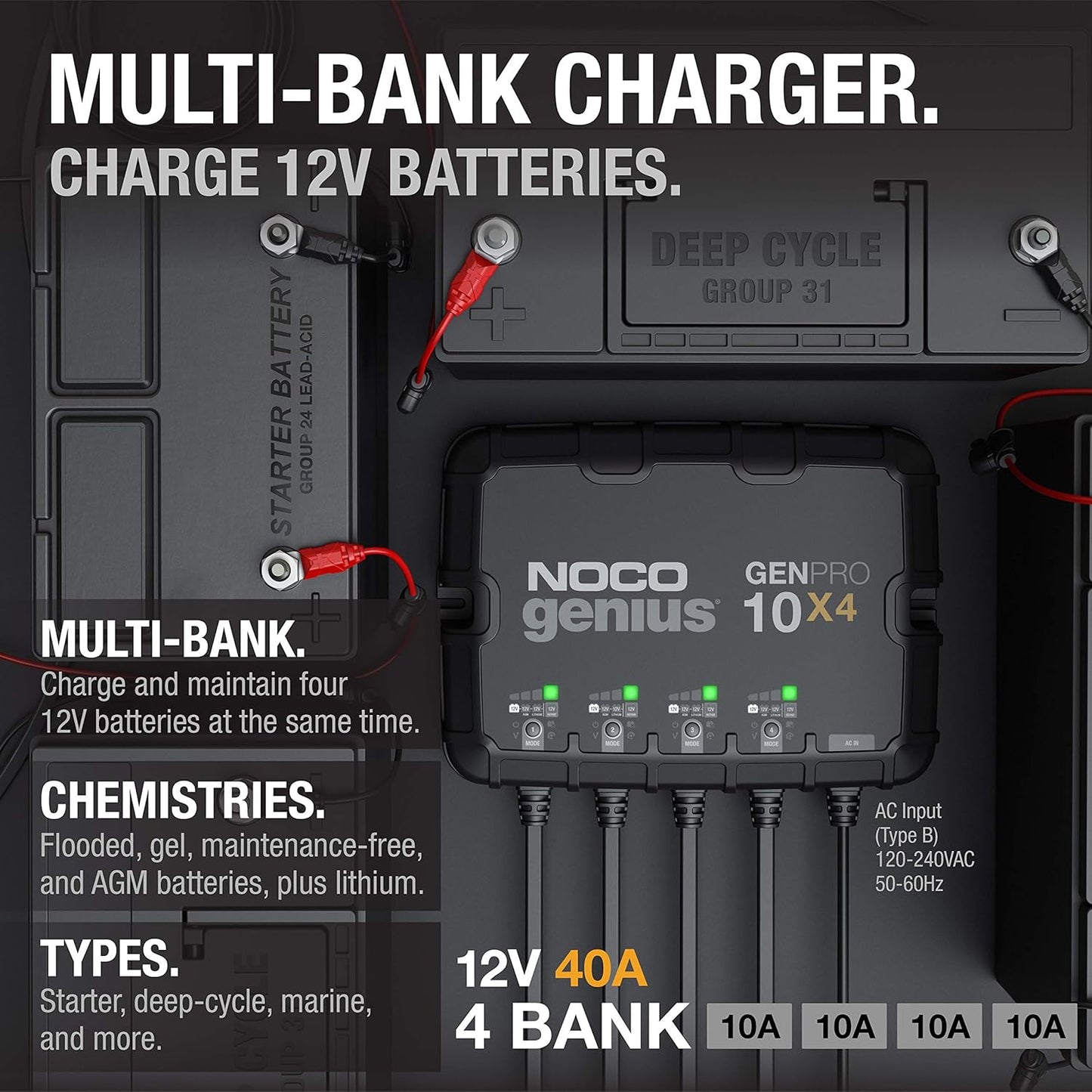 NOCO Genius GENPRO10X4 Onboard Battery Charger - 4-Bank, 40A, Waterproof, 12V with Overcharge Protection & Temperature Compensation
