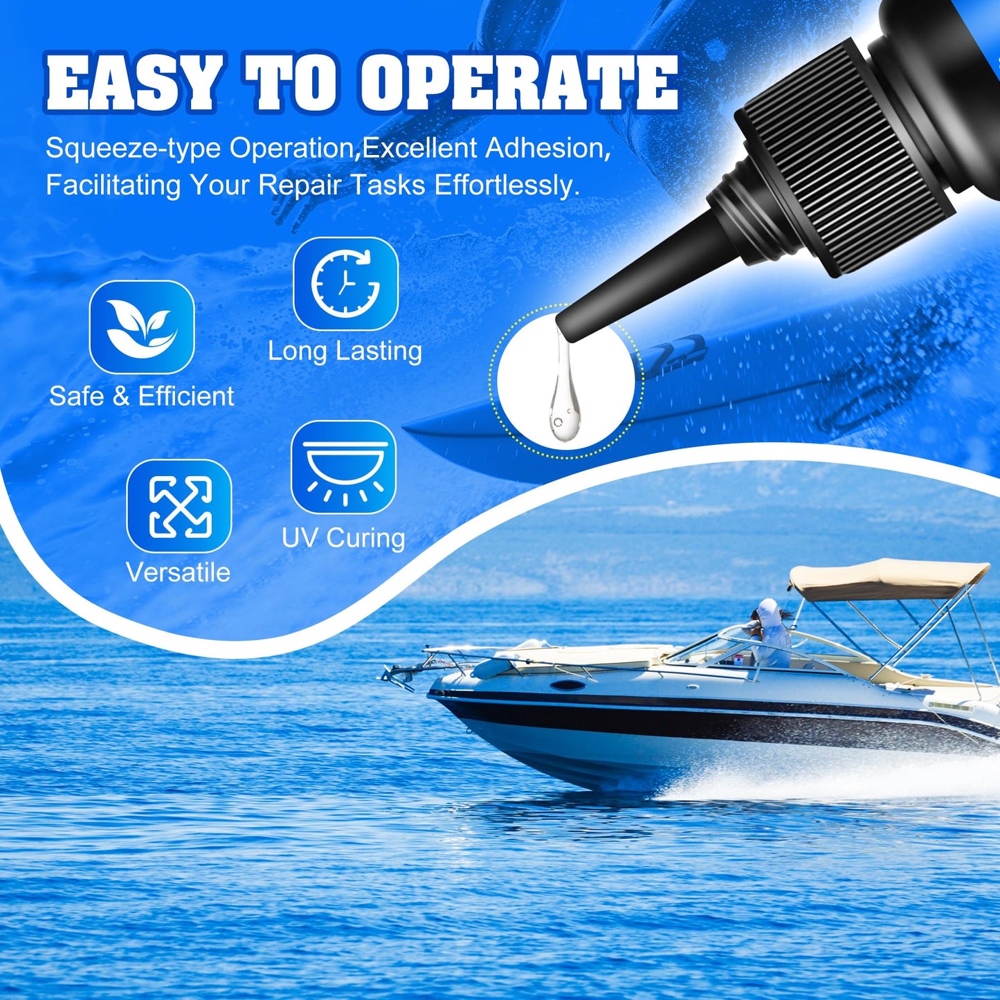 Fiberglass Boat Repair Kit with UV Light, Clear Surfboard Repair Kit , Mega Adhesion Fast Drying for Carbon Fiber, Polyester Fiber - Ideal for Repairing Cracks, Holes in Boat Jetski Yacht & Sailboats