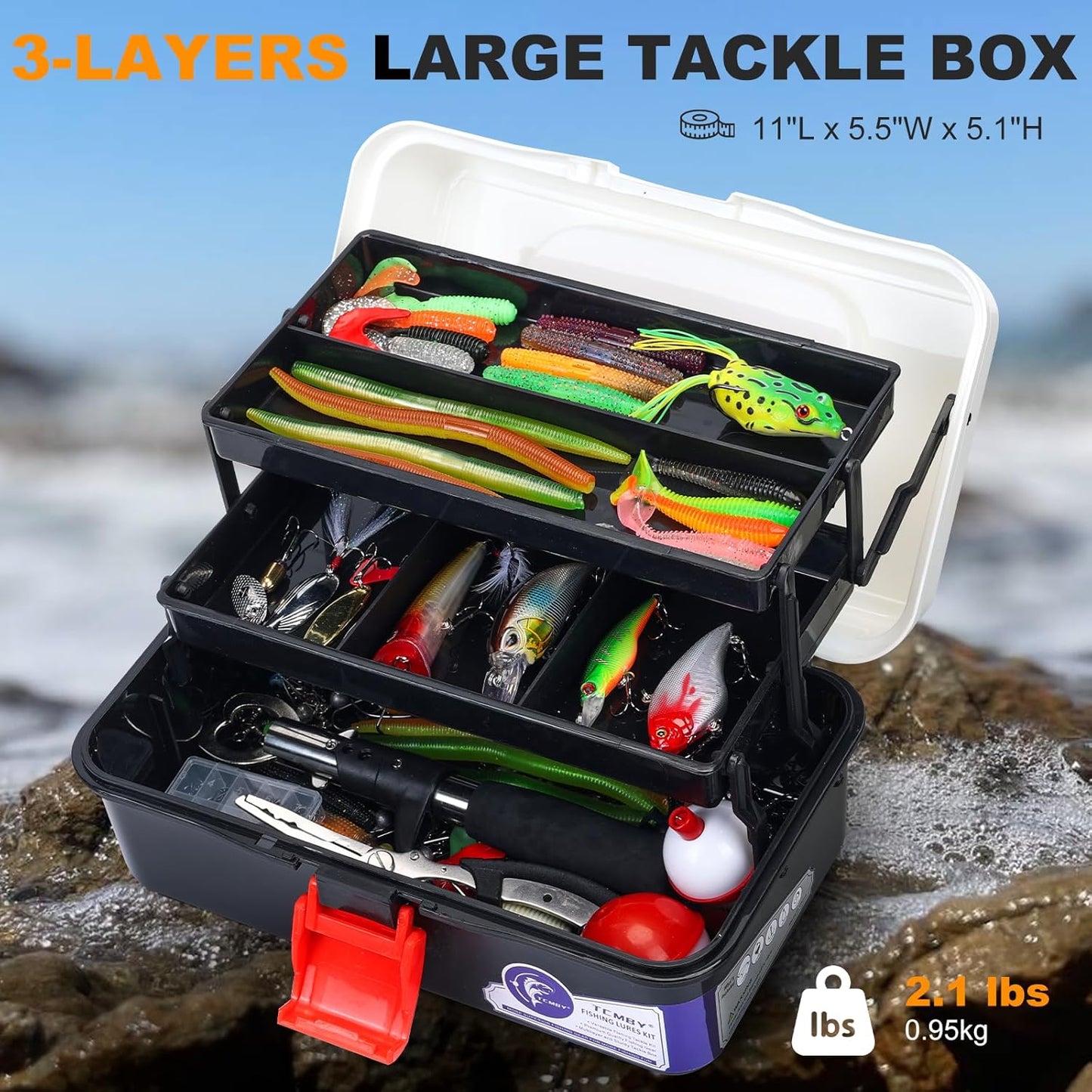 TCMBY Fishing Tackle Box - 3 Layers with 321Pcs Lures, Pliers, Hooks & Accessories | Freshwater Gear (White/Black)