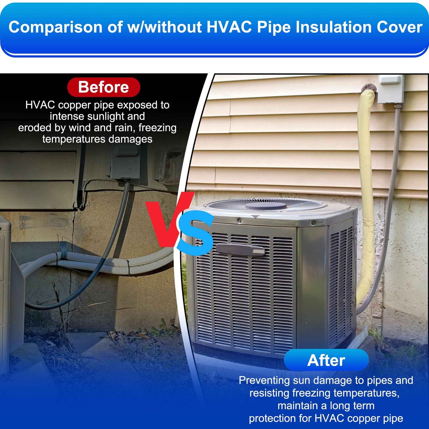 3 Layers HVAC Copper Pipe Insulation Cover Protector,Flexible AC Copper Line Insulation Sleeve,600D Oxford 72x10.2 Inch AC Pipe Insulation Wrap for Outside Central Air Conditioning Splits Khaki