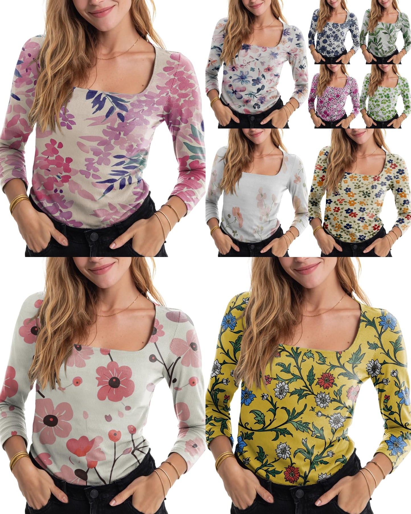 MARSVOVO Classic Long Sleeve Shirts for Women Square Neck Slim Fitted Stretchy Breathable Ribbed Graphic Crop Tops Casual Trendy Spring Fall Going Out Basic Tops Z Beige,M