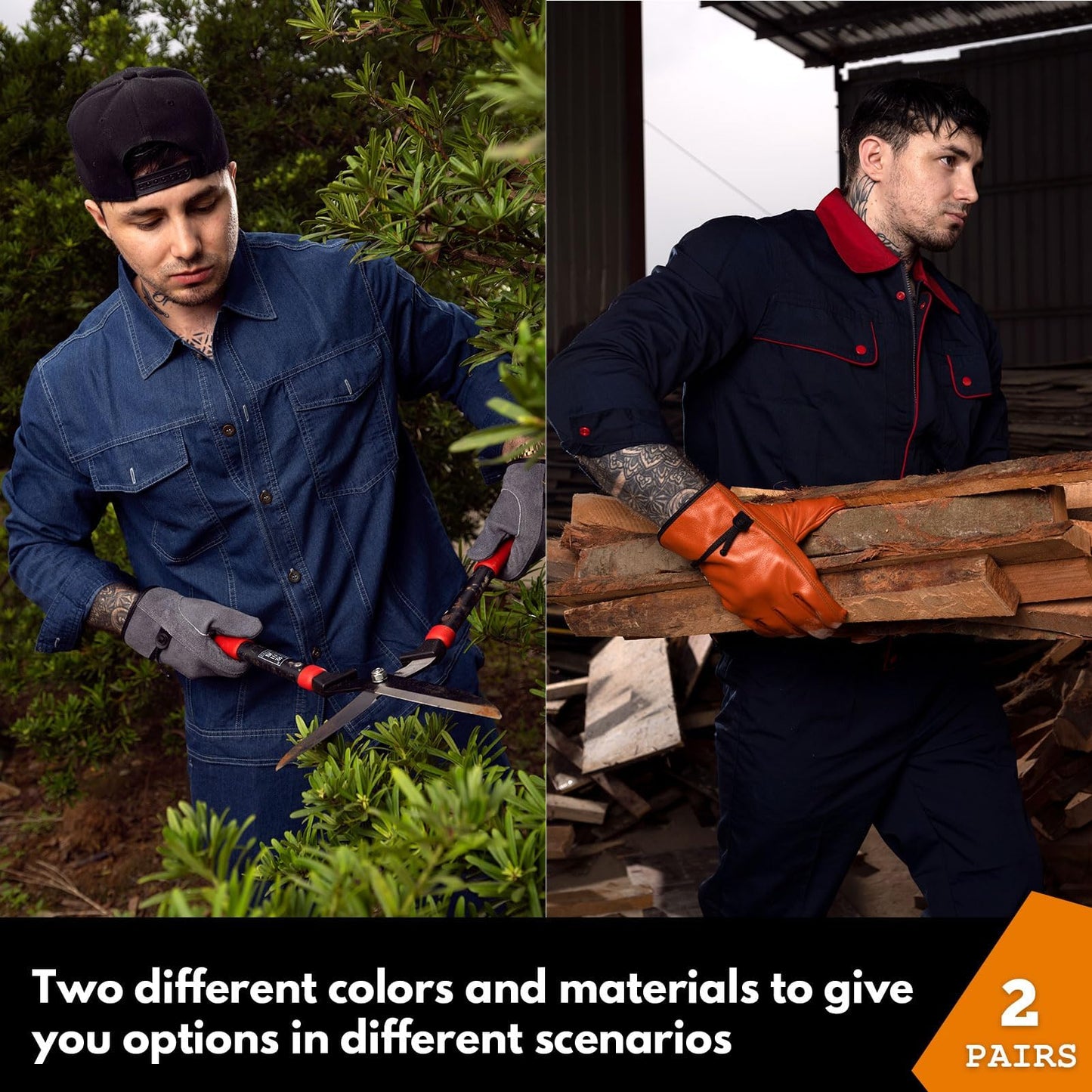 VZT 2 Pairs Leather Work Gloves for Men or Women, for Gardening, Construction, Wood Working. Heavy Duty, Driver, Motorcycle, Cowhide, Thick, Soft & flexible, Water Resistant, (Brown & Gray, Large)