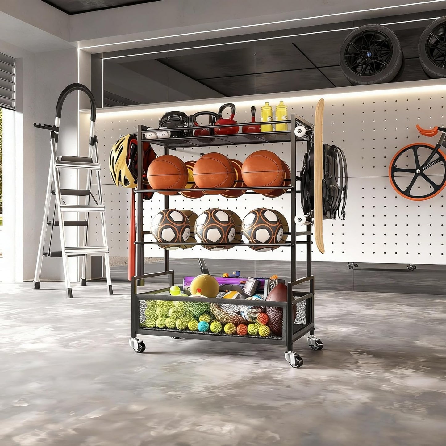 SOYEEZE Sports Equipment Organizer - 4-Tier Ball Storage Rack with Wheels & Hooks for Garage or Gym Use