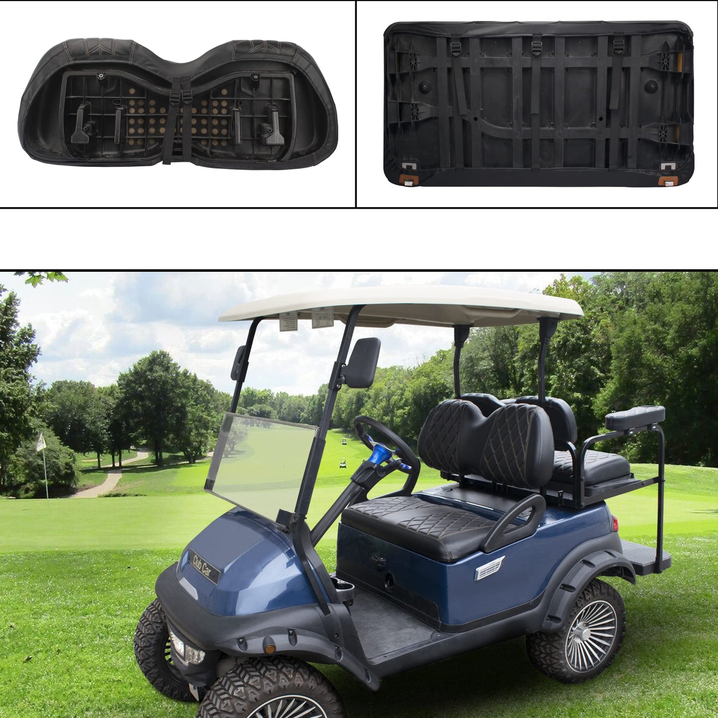 NOKINS Golf Cart Diamond Seat Covers Kit, Fit for Club Car Precedent OEM Standard Front Seat Cushion, Golf Cart Vinyl Seat Cover, No Nails Required (Black and Brown Stitching)