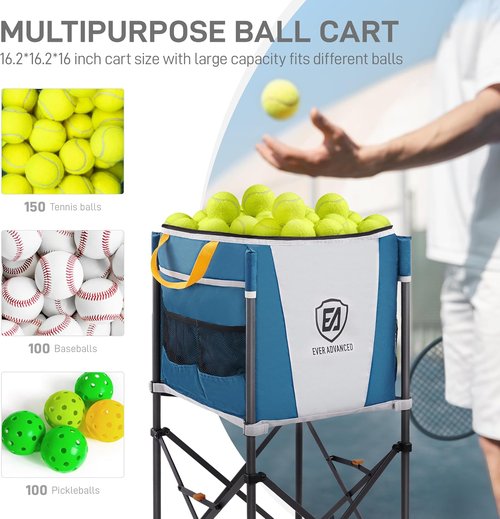 Ever Advanced Tennis Ball Hopper - 150 Capacity Rolling Cart with Side Pockets | Folding Pickleball Basket with Wheels, Blue