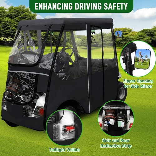 Cartalia Golf Cart Driving Enclosure 2 Passenger for EZGO TXT/RXV, Rain Drivable Cover Golf Cart 2 Seater 4 Sided Roll Up Clear Windows, Durable Zippers Open Side Mirrors - Black (Black)
