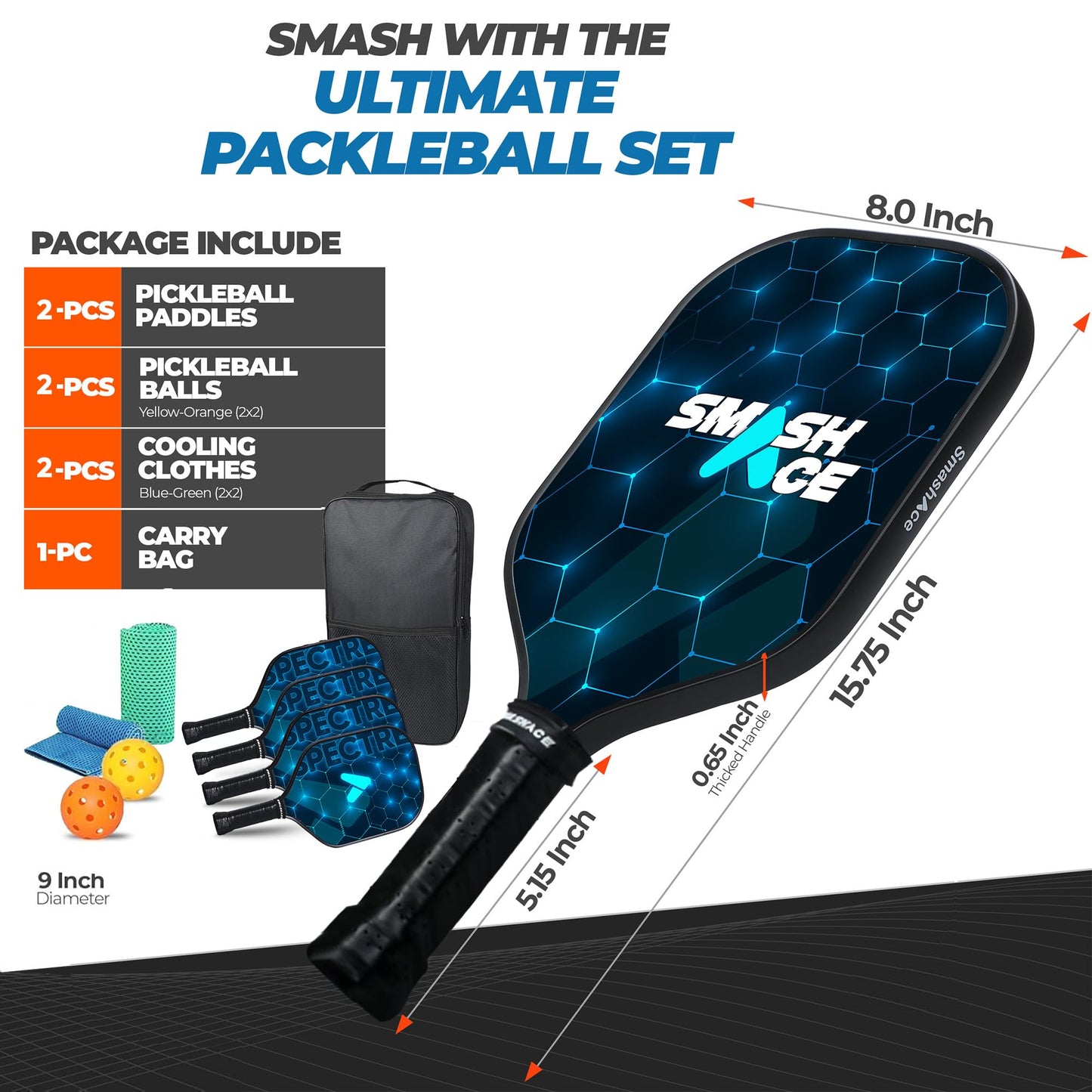USAPA Approved SmashAce Pickleball Paddles Set Fiberglass Pickle Ball Set Includs Paddles, Balls, Cooling Towels & Portable Carry Bag Perfect Pickleball for Men & Women (Pack of 4 Blue)
