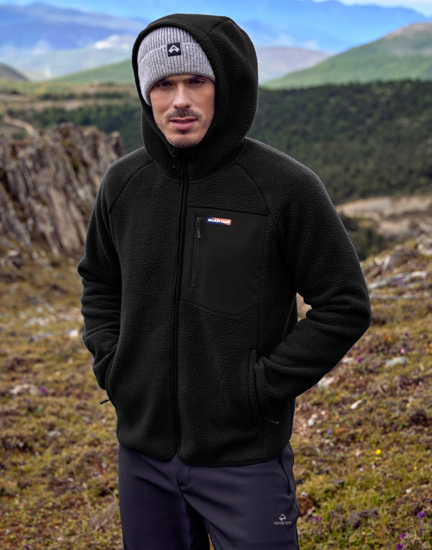 Pioneer Camp Men's Sherpa Fleece Full Zip Up Jacket with Hood Chest Pocket Winter Warm Thick Outwear Coat Hiking Climbing