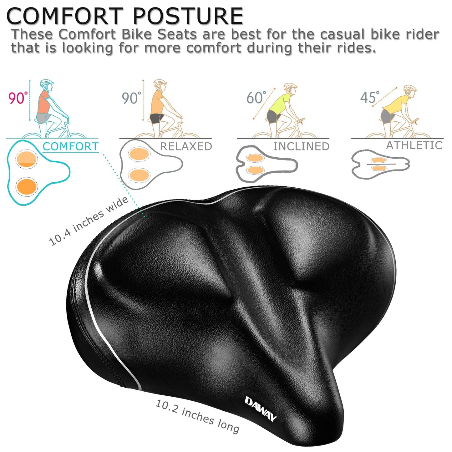 DAWAY C40i Ultra-Comfortable Oversized Bike Seat - Memory Foam Padded Bicycle Saddle for Men Women - Compatible with Peloton, Exercise, Mountain, and Road Bikes - Extra Wide Cushion, Shock Absorbing