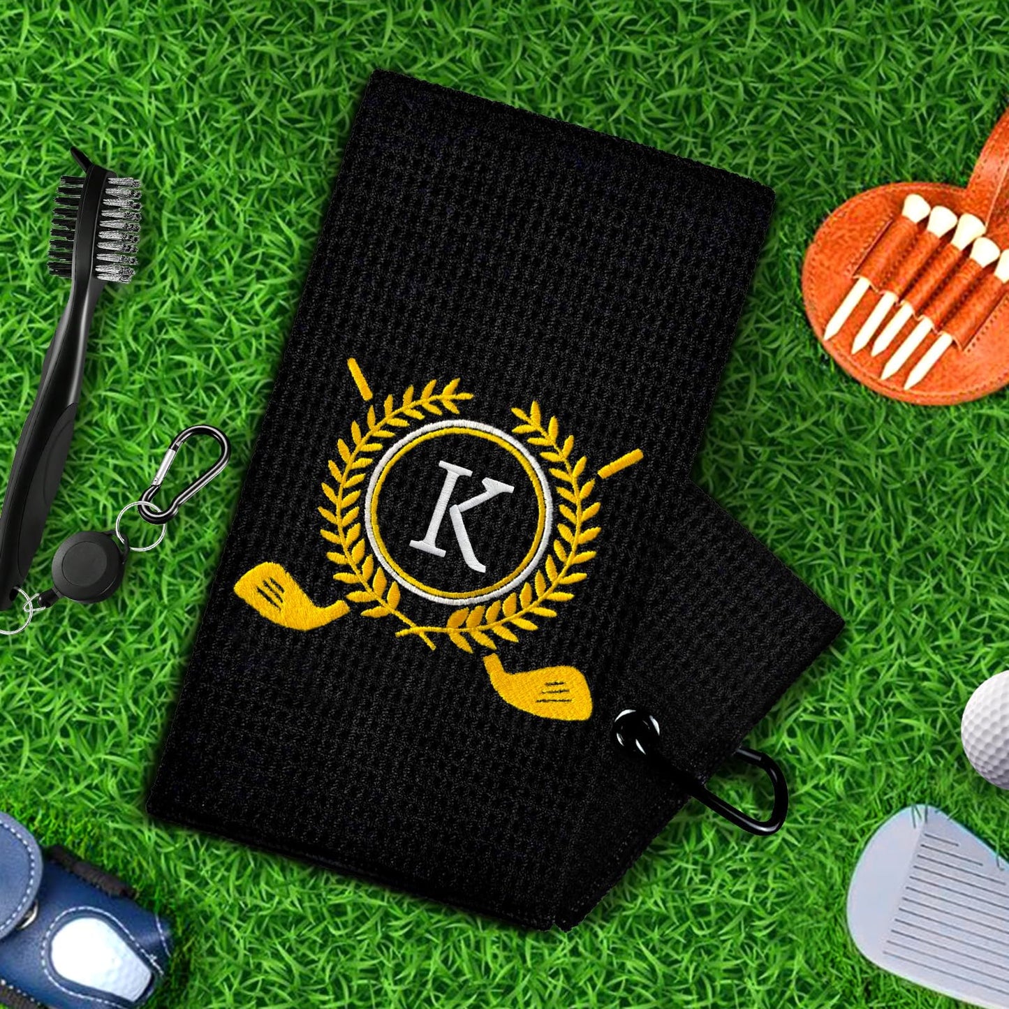 ZGCYSMHT Personalized Golf Towels for Golf Bags - Microfiber Monogrammed Golf Towels for Men/Women, Retractable Brush Tool Kit with Club Groove Cleaner, Custom Golf Accessories for Golfers (Initial K)