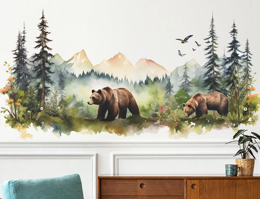RAINBOW WSK Large Jungle Animals Wall Decals Forest Tree Wall Decal Peel and Stick Woodland Bear Fox Deer Wall Stickers Giant Mountain Art for Bedroom Nursery Room FX-C432