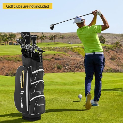 GYMAX Golf Cart Bag, 15-Way Divider with 7 Pockets, Rain Hood, Umbrella Holder & Gloves Stickers, Unisex Adults Golf Clubs Bag (Black)