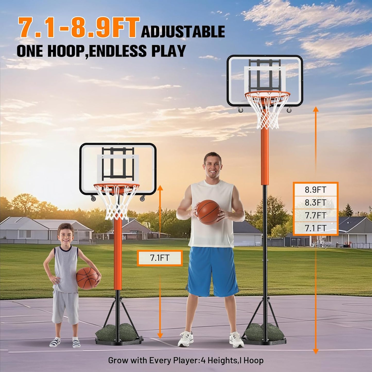 Skiennix Basketball Hoop - Adjustable 7.1-8.9ft Portable Goal for Kids & Adults | 33-Inch Shatterproof Backboard