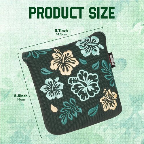 Craftsman Golf Azalea Embroidered Floral Green Mallet Putter Cover Headcover Magnetic Closure