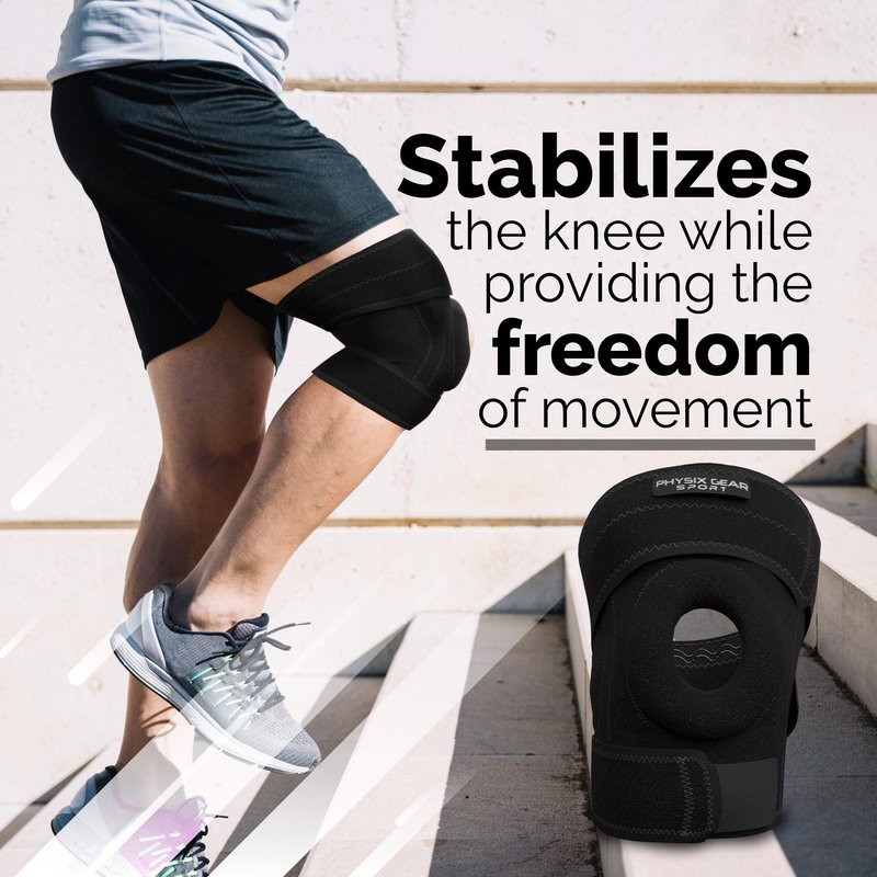 Physix Gear Knee Brace for Men & Women - Adjustable Patella Compression Knee Support for Arthritis, ACL & MCL, Meniscus Tear, Plus Size Knee Brace w/Side Stabilizers, Knee discomfort, Black/Grey, XL