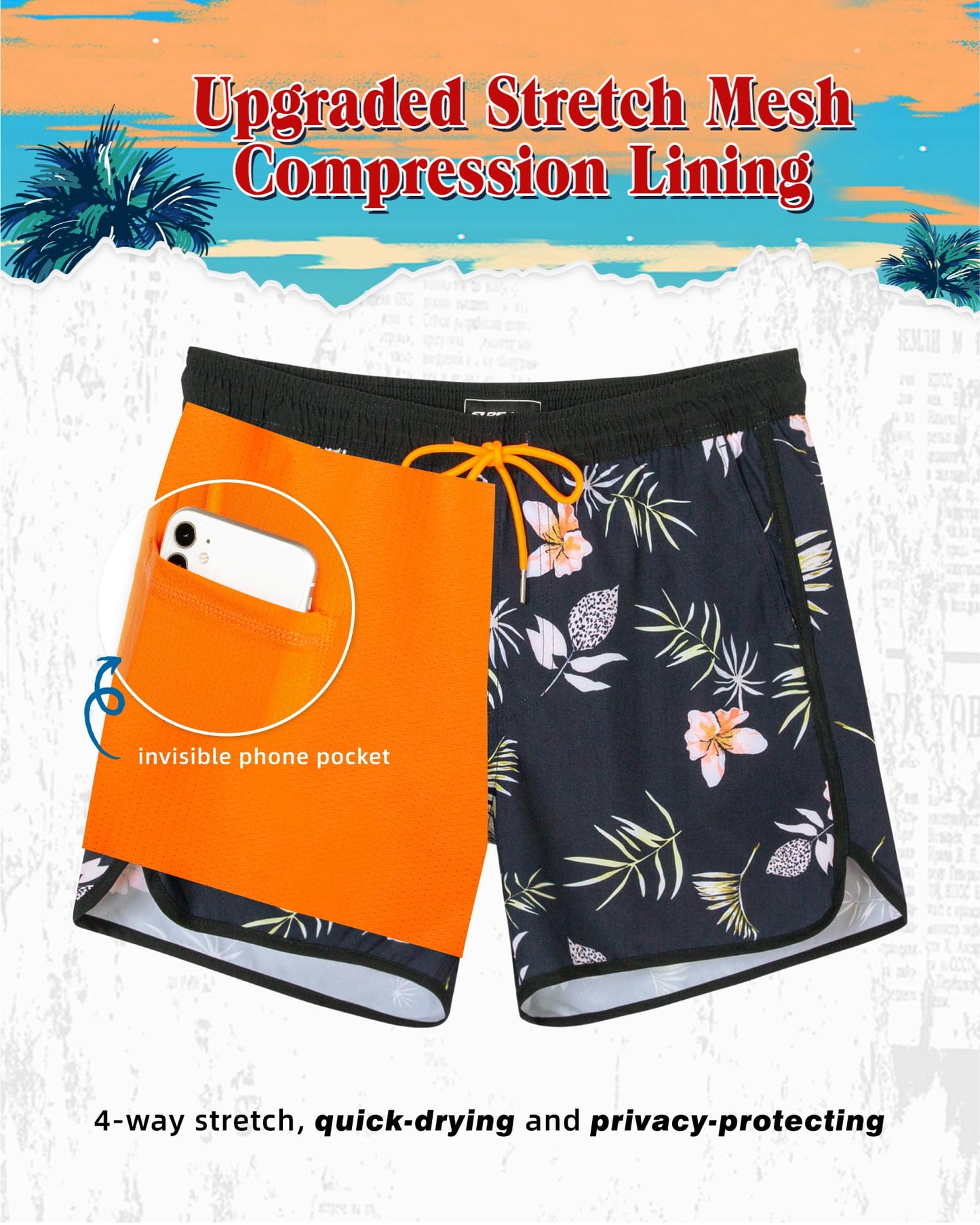 SURF CUZ Mens Swim Trunks with Compression Liner 5" Swimming Trunks 5 Inch Retro Swim Shorts with Zipper Pockets,Daybreak,L