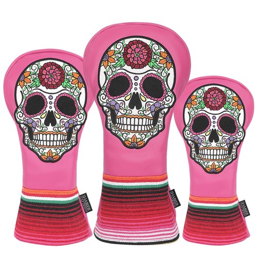 SHABIER Pink Golf Driver Headcover with Rose Embroidery Sugar Skull Design for Golf Driver Club