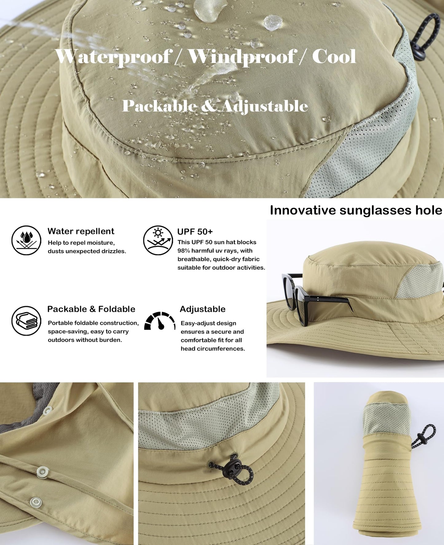 Home Prefer UPF 50+ Sun Hats for Men Women Wide Brim Fishing Hat with Neck Flap Summer Safari UV Protection Bucket Hat Light Vert Khaki