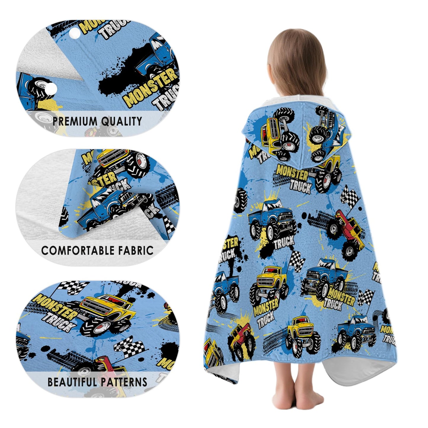 Fiwbnasz Truck Hooded Beach Towel for Kids, Monster Hooded Towels for Toddlers 30" x 50", Kids Beach Towels for Pool, Travel, Swim, Cars Wearable Bath Towel for Boys, Teens