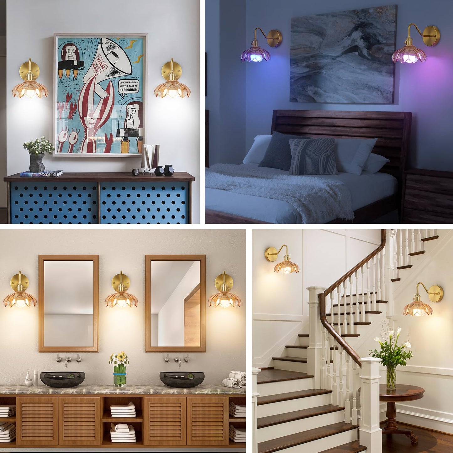 EIDEARAY Vintage Glass Sconces, Battery Operated Wall Light with Remote, Rechargeable Wall Sconces RGB, No Socket Required, Easy to Install, Vintage Wall Sconce for Bedroom, Hallway, Aisle