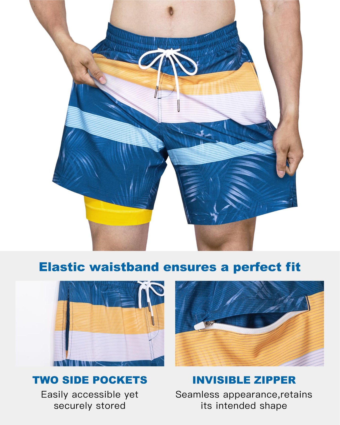 SURF CUZ Mens Swim Trunks with Compression Liner Quick Dry Swim Shorts 7" Swimming Trunks Stretch Bathing Suit 7 Inch,Oceanic Horizon,XL