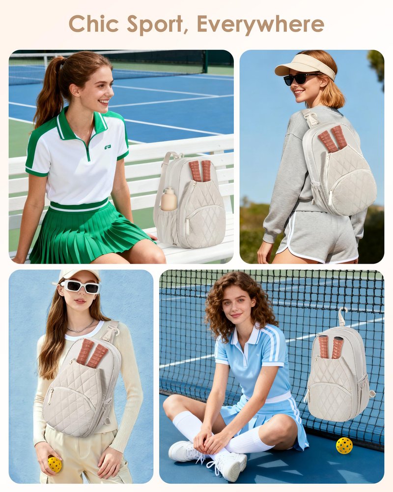 Prokva Pickleball Bag for Women - Quilted Crossbody Pickleball Paddle Bag Holds 4 Paddles, Lightweight Sports Gear & Travel Paddle Case, Beige