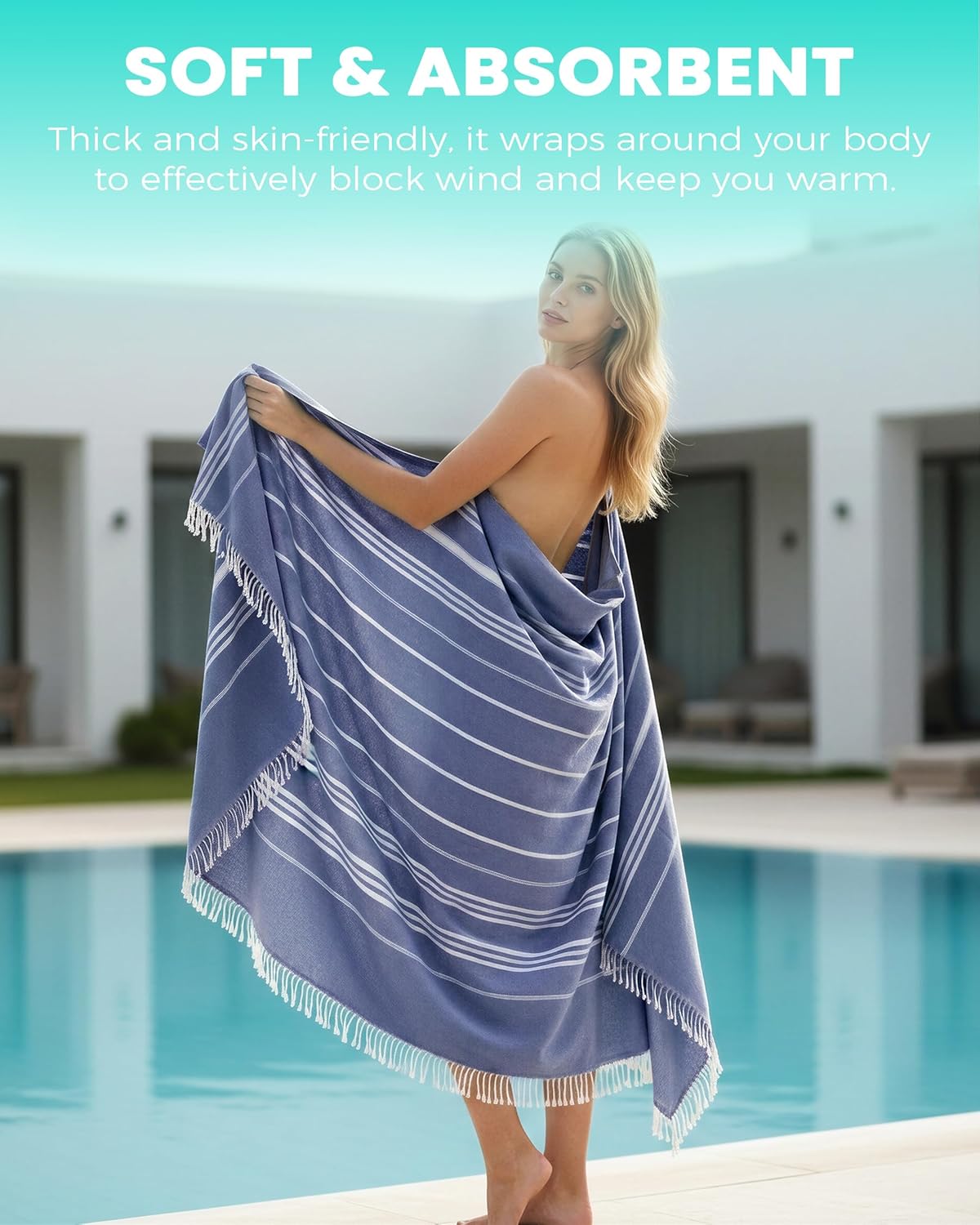 Skiennix Boho Throw Blanket - Extra Large Turkish Beach Towel for Outdoor Picnics | Navy