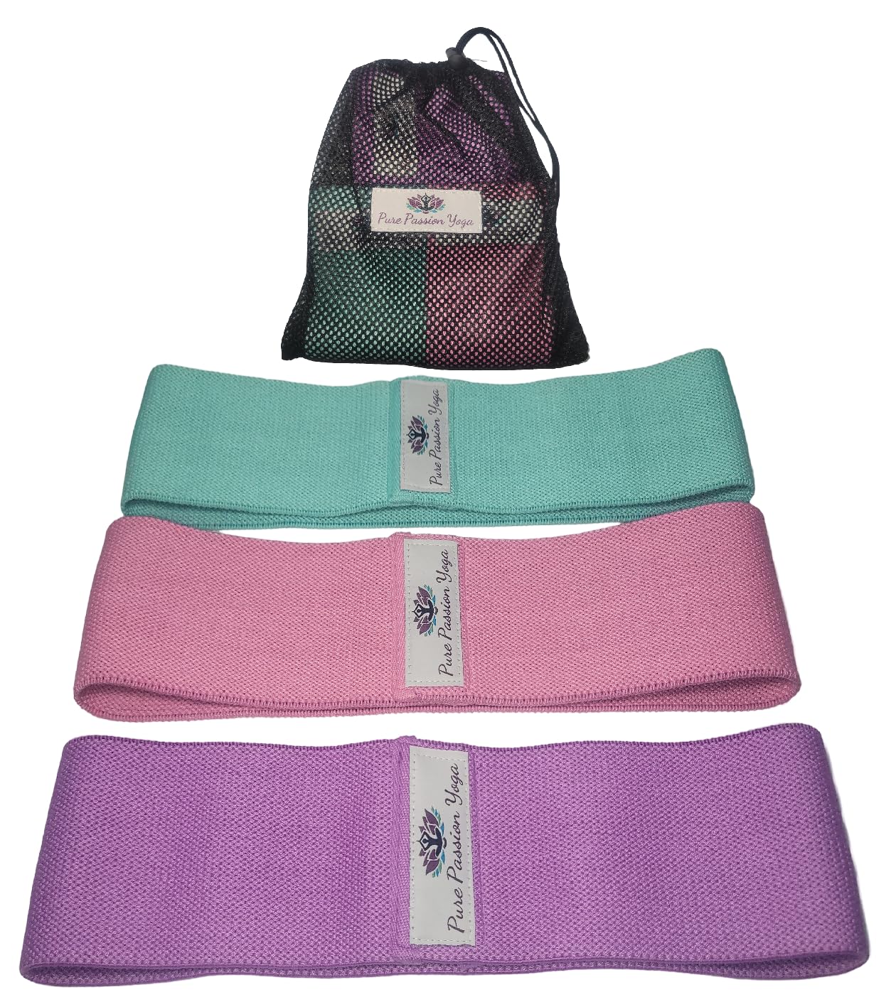 Pure Passion Yoga Fabric Resistance Band Set | 3 Tension Bands with Carrying Bag | Fabric Resistance Bands for Hips & Glutes Workouts