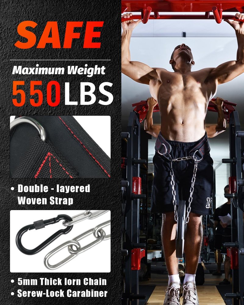 MAXRANK Dip belt With 37-40" Chain, 550lbs - 650lbs Weight Capacity, Weightlifting Belt for Dips and Pullups
