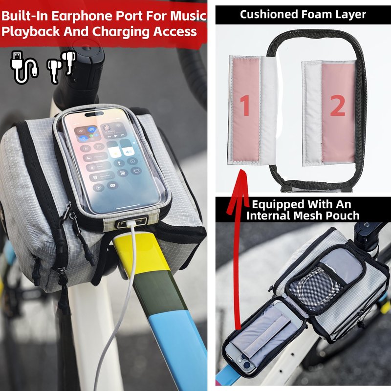 Rhinowalk Bike Top Tube Bag with Touch Screen Phone Pouch - Bicycle Frame Bag with Phone Holder, Double Side Pannier Zipper & Magnetic Closure (Black)